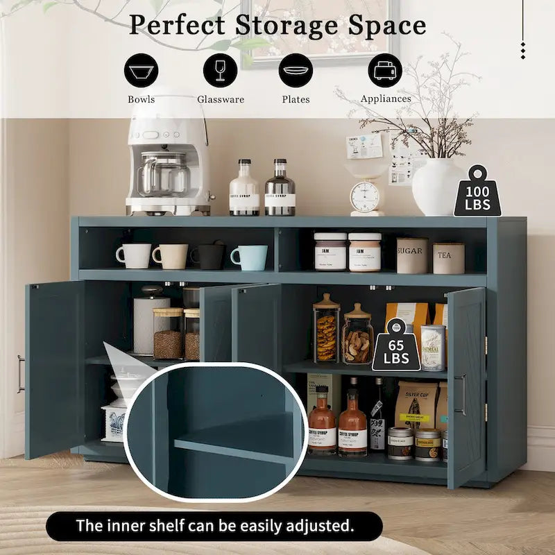 Buffet classique à 4 portes avec rangements ouverts et étagères réglables, idéal pour les cuisines et les salons.