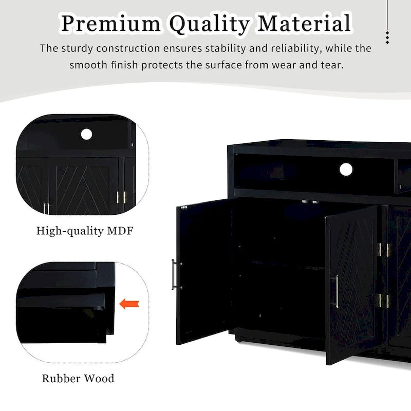 Buffet classique à 4 portes avec rangements ouverts et étagères réglables, idéal pour les cuisines et les salons.