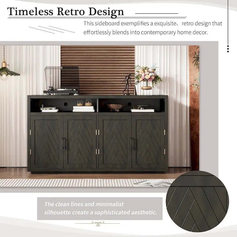 Buffet classique à 4 portes avec rangements ouverts et étagères réglables, idéal pour les cuisines et les salons.