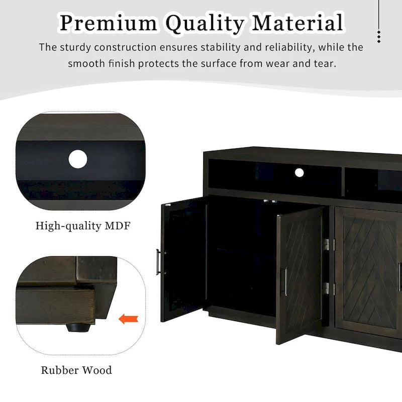 Buffet classique à 4 portes avec rangements ouverts et étagères réglables, idéal pour les cuisines et les salons.