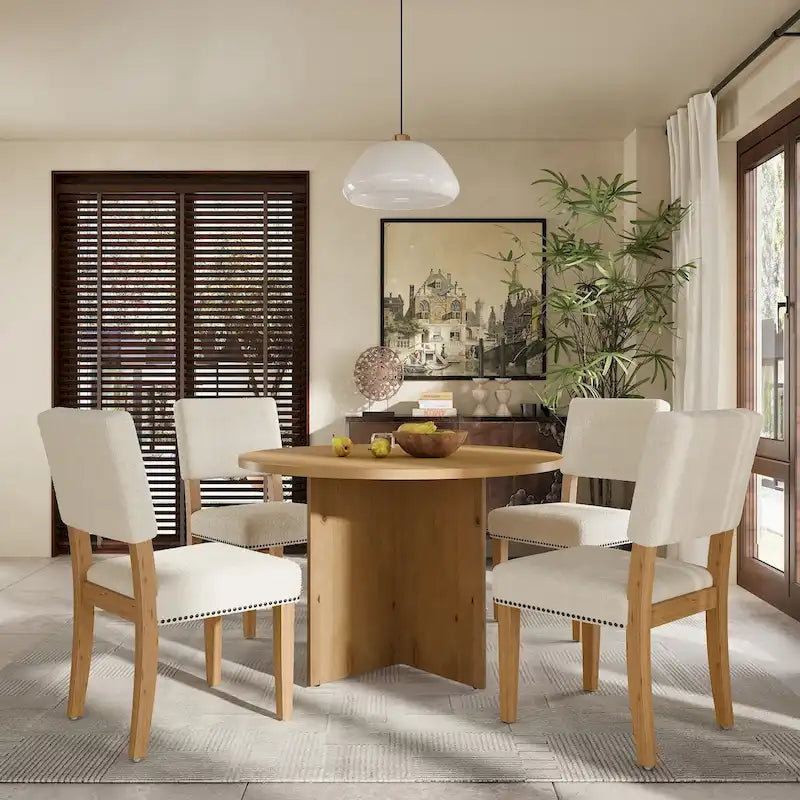 Ensemble de salle à manger rond moderne 5 pièces avec table de cuisine sur pied central et 4 chaises de salle à manger rembourrées
