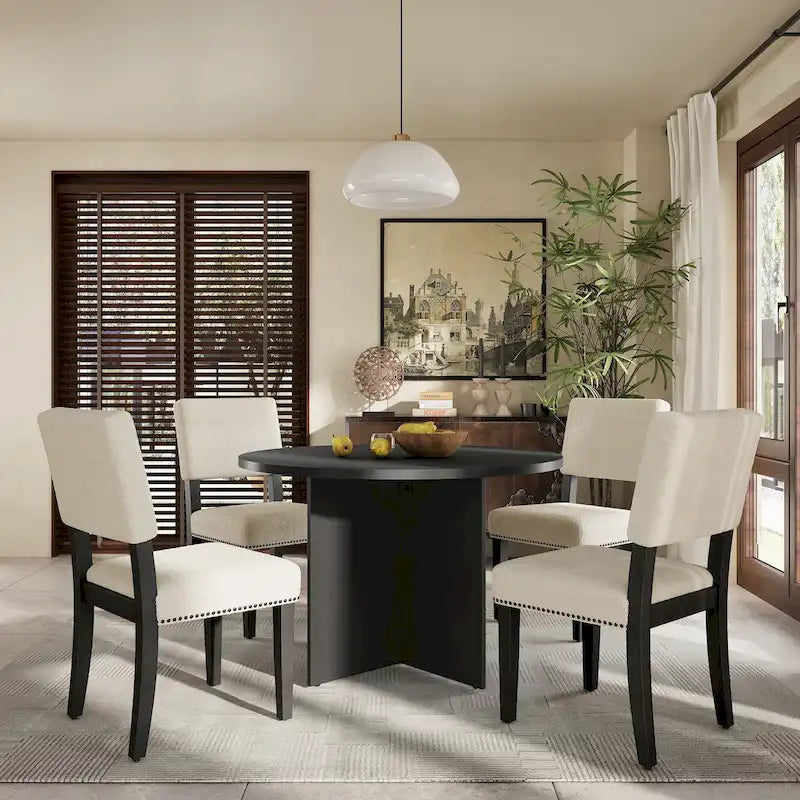 Ensemble de salle à manger rond moderne 5 pièces avec table de cuisine sur pied central et 4 chaises de salle à manger rembourrées