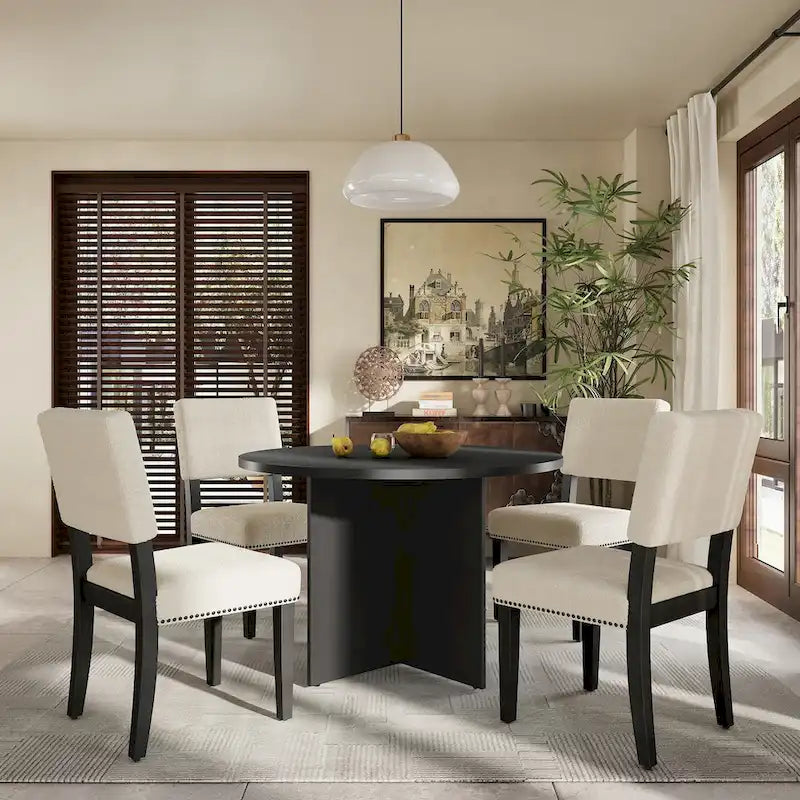 Ensemble de salle à manger rond moderne 5 pièces avec table de cuisine sur pied central et 4 chaises de salle à manger rembourrées