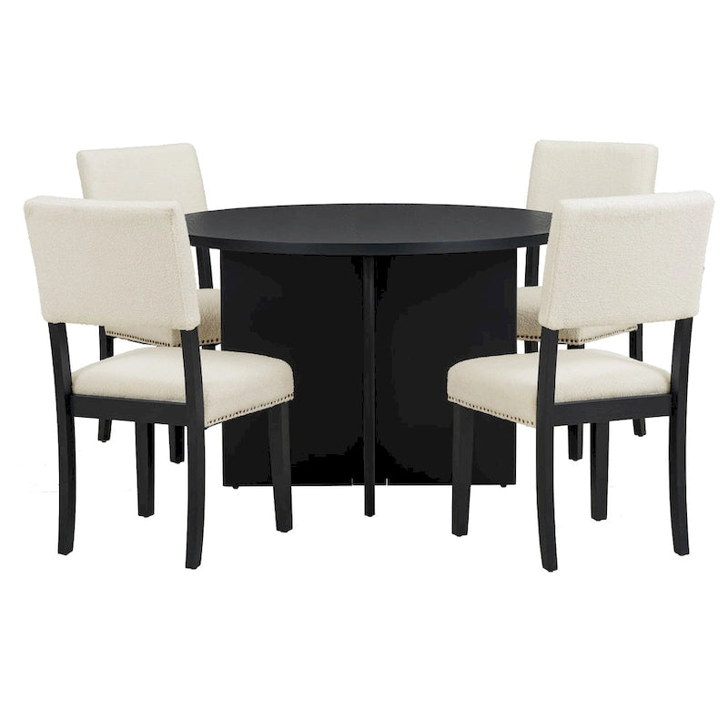 Ensemble de salle à manger rond moderne 5 pièces avec table de cuisine sur pied central et 4 chaises de salle à manger rembourrées