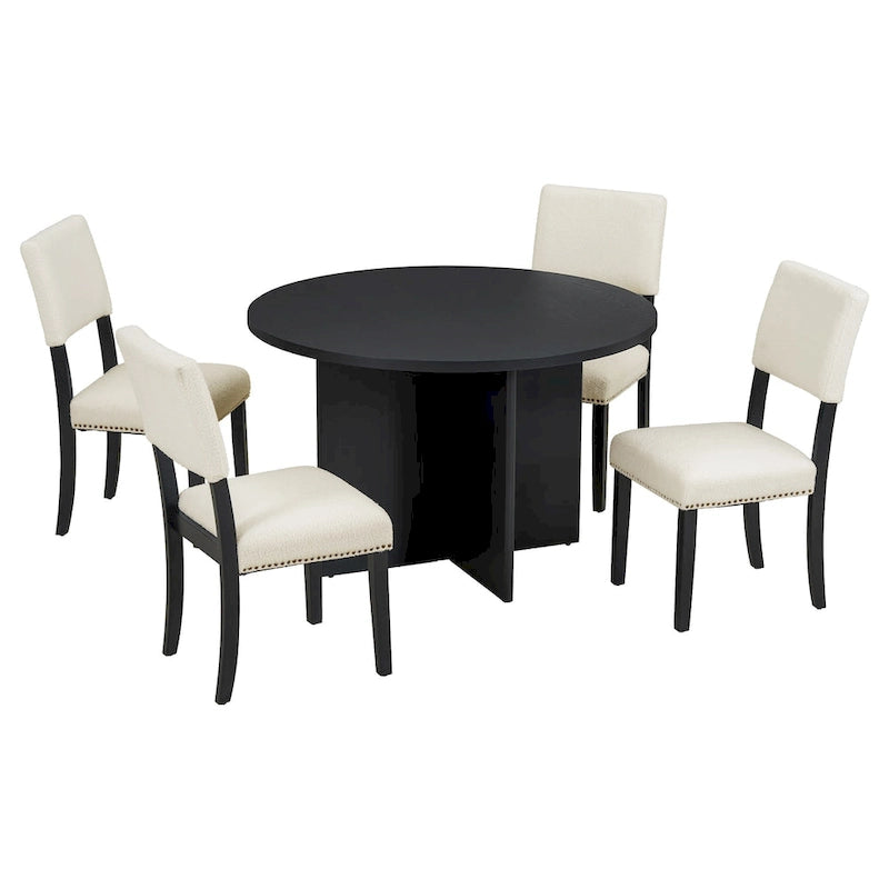 Ensemble de salle à manger rond moderne 5 pièces avec table de cuisine sur pied central et 4 chaises de salle à manger rembourrées