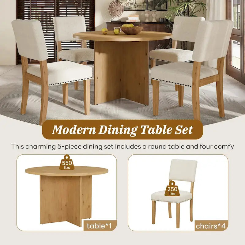 Ensemble de salle à manger rond moderne 5 pièces avec table de cuisine sur pied central et 4 chaises de salle à manger rembourrées