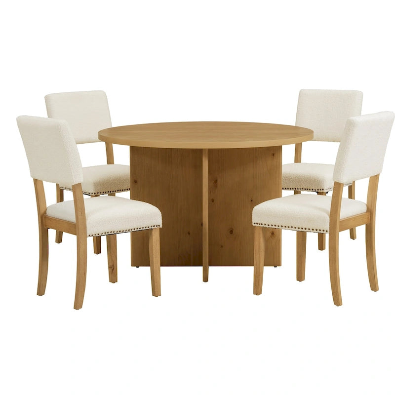 Ensemble de salle à manger rond moderne 5 pièces avec table de cuisine sur pied central et 4 chaises de salle à manger rembourrées
