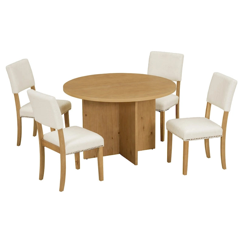 Ensemble de salle à manger rond moderne 5 pièces avec table de cuisine sur pied central et 4 chaises de salle à manger rembourrées