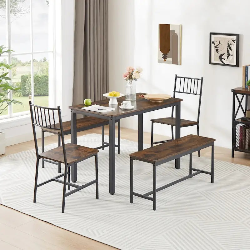 Ensemble table et chaises de salle à manger, table de bar avec 2 bancs et 2 chaises avec dossier, style industriel, idéal pour la cuisine, le petit-déjeuner ou le salon.