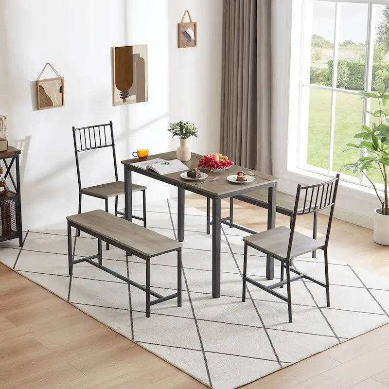 Ensemble table et chaises de salle à manger, table de bar avec 2 bancs et 2 chaises avec dossier, style industriel, idéal pour la cuisine, le petit-déjeuner ou le salon.