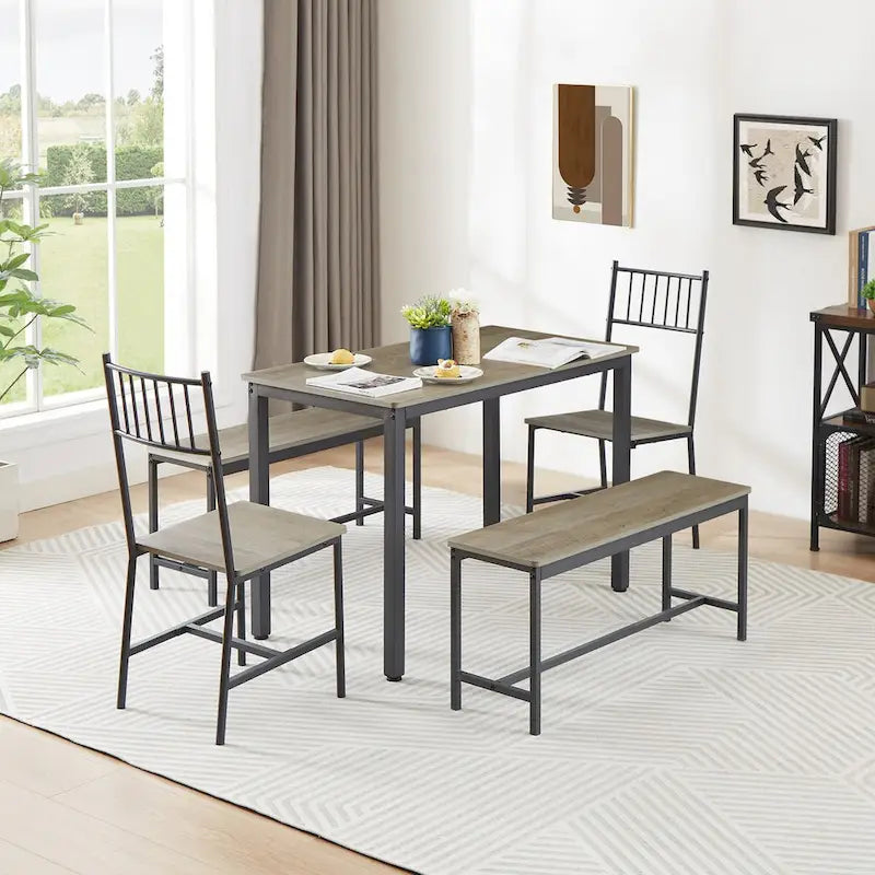 Ensemble table et chaises de salle à manger, table de bar avec 2 bancs et 2 chaises avec dossier, style industriel, idéal pour la cuisine, le petit-déjeuner ou le salon.