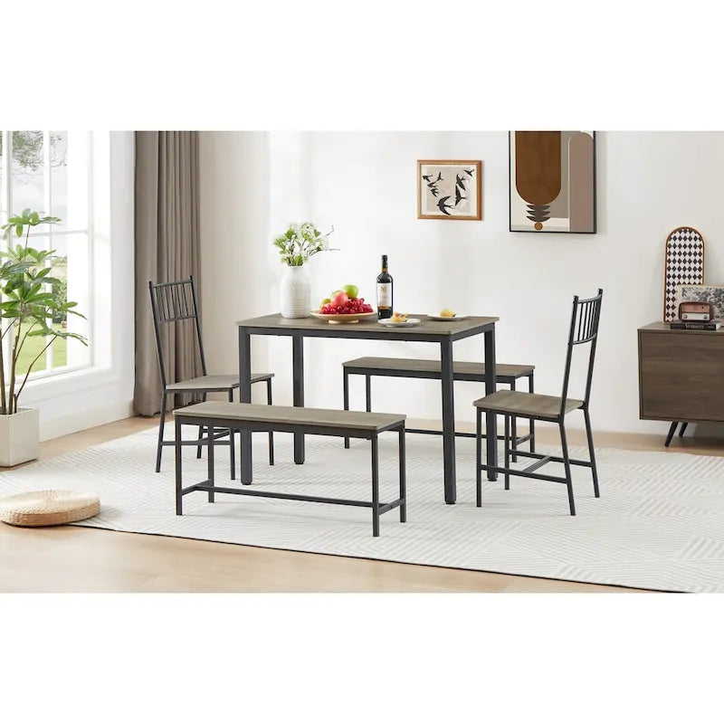 Ensemble table et chaises de salle à manger, table de bar avec 2 bancs et 2 chaises avec dossier, style industriel, idéal pour la cuisine, le petit-déjeuner ou le salon.