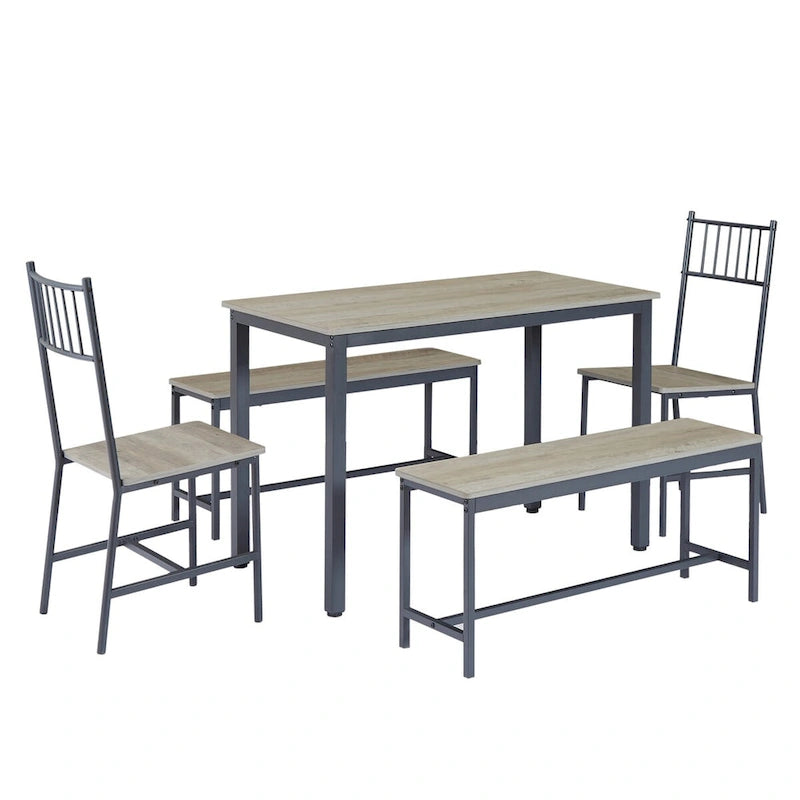 Ensemble table et chaises de salle à manger, table de bar avec 2 bancs et 2 chaises avec dossier, style industriel, idéal pour la cuisine, le petit-déjeuner ou le salon.