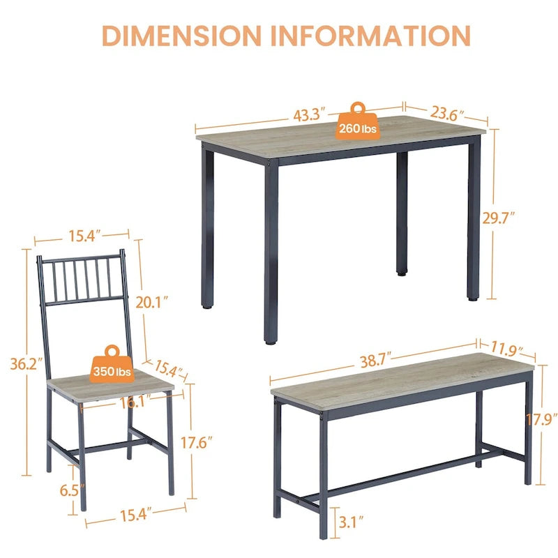Ensemble table et chaises de salle à manger, table de bar avec 2 bancs et 2 chaises avec dossier, style industriel, idéal pour la cuisine, le petit-déjeuner ou le salon.