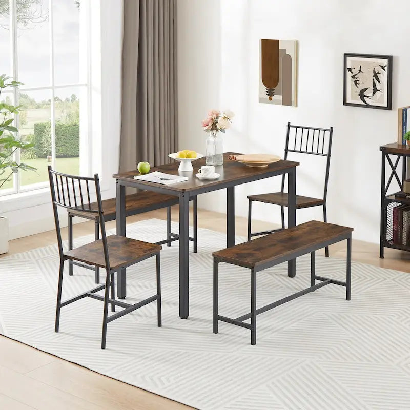 Ensemble table et chaises de salle à manger, table de bar avec 2 bancs et 2 chaises avec dossier, style industriel, idéal pour la cuisine, le petit-déjeuner ou le salon.