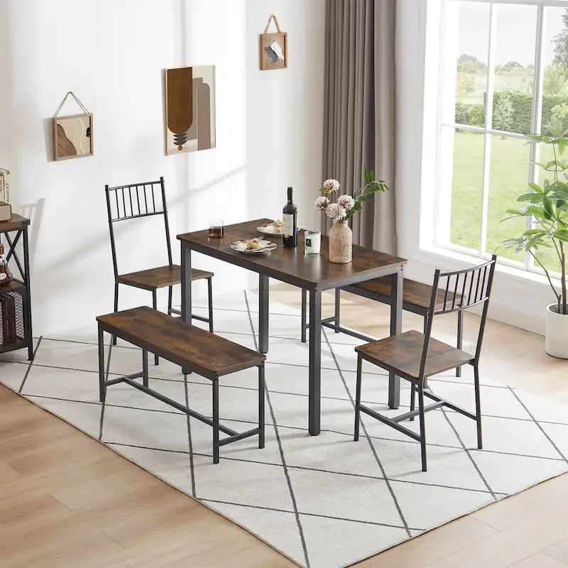Ensemble table et chaises de salle à manger, table de bar avec 2 bancs et 2 chaises avec dossier, style industriel, idéal pour la cuisine, le petit-déjeuner ou le salon.