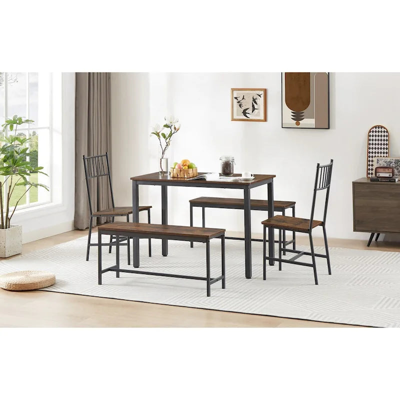 Ensemble table et chaises de salle à manger, table de bar avec 2 bancs et 2 chaises avec dossier, style industriel, idéal pour la cuisine, le petit-déjeuner ou le salon.
