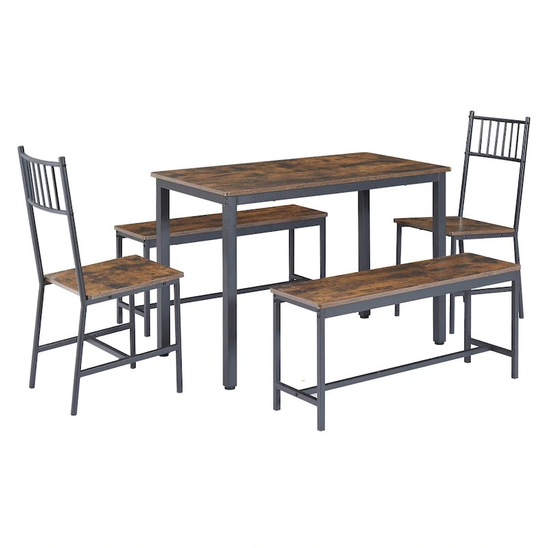 Ensemble table et chaises de salle à manger, table de bar avec 2 bancs et 2 chaises avec dossier, style industriel, idéal pour la cuisine, le petit-déjeuner ou le salon.