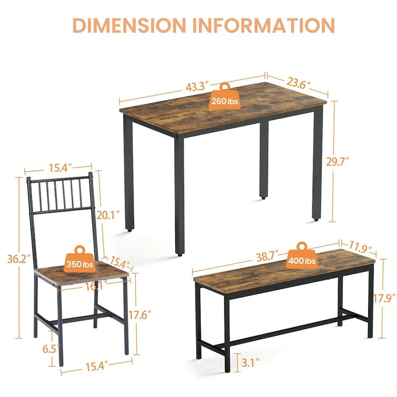 Ensemble table et chaises de salle à manger, table de bar avec 2 bancs et 2 chaises avec dossier, style industriel, idéal pour la cuisine, le petit-déjeuner ou le salon.
