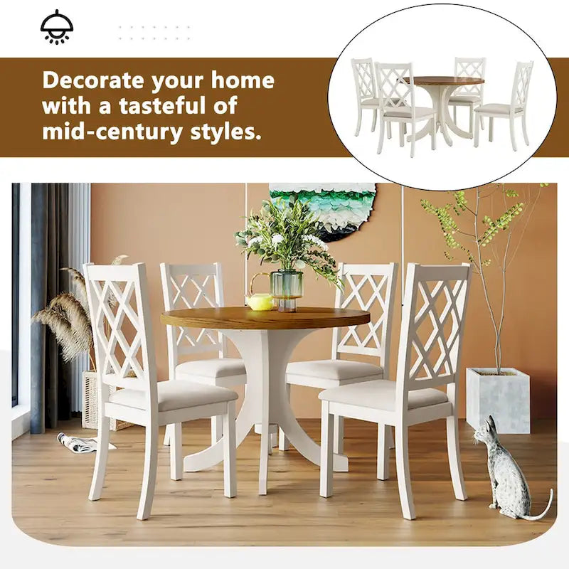 Ensemble de salle à manger rond 5 pièces en bois massif de style milieu du siècle, comprenant une table en noyer et des chaises beiges.