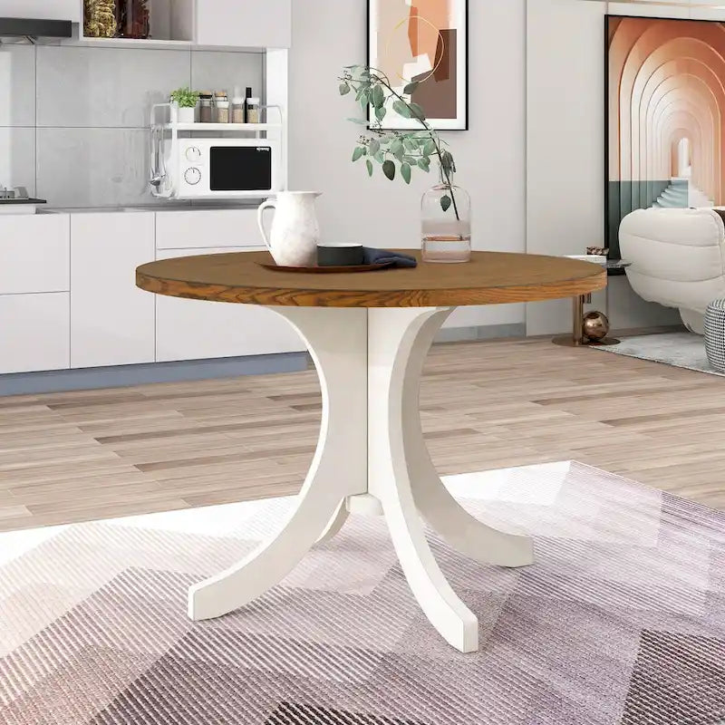 Ensemble de salle à manger rond 5 pièces en bois massif de style milieu du siècle, comprenant une table en noyer et des chaises beiges.