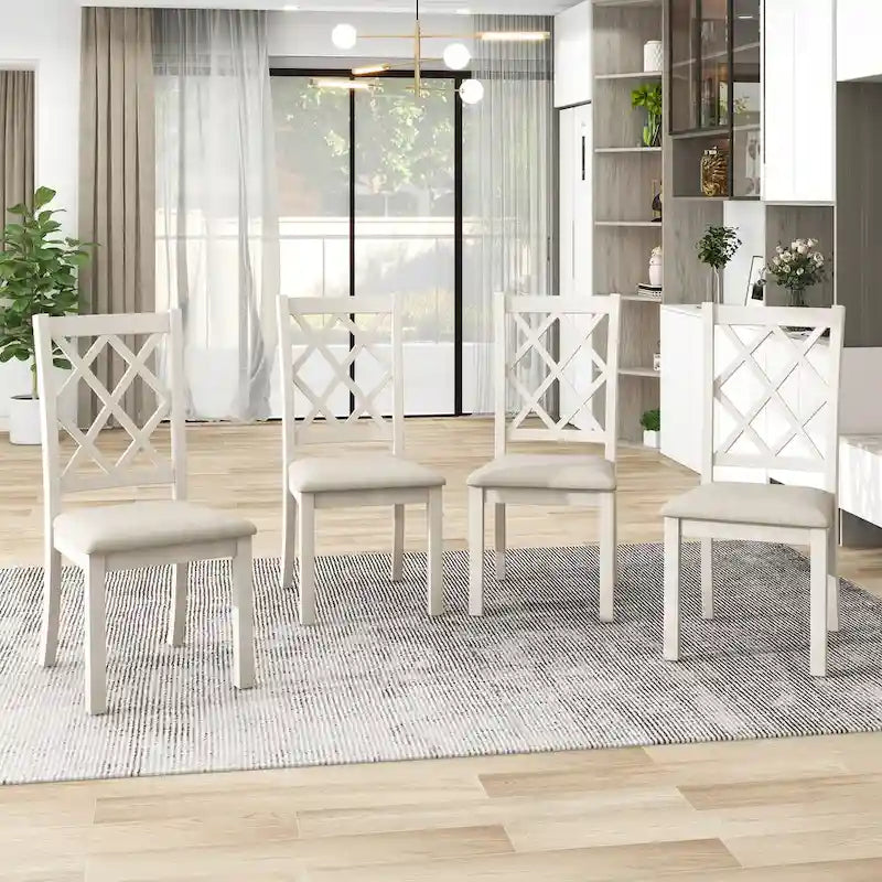 Ensemble de salle à manger rond 5 pièces en bois massif de style milieu du siècle, comprenant une table en noyer et des chaises beiges.