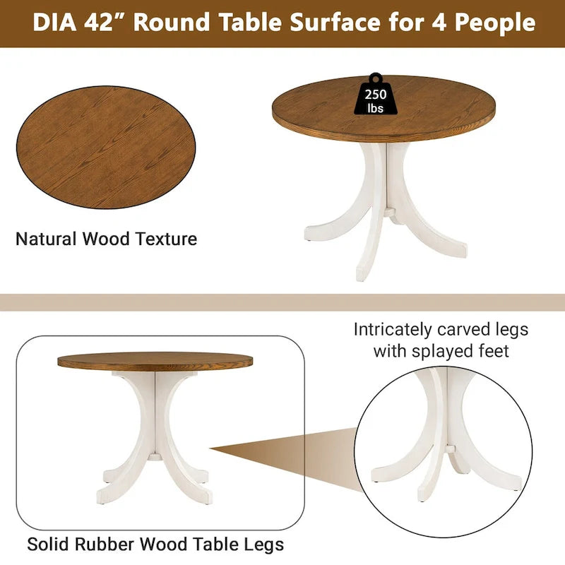 Ensemble de salle à manger rond 5 pièces en bois massif de style milieu du siècle, comprenant une table en noyer et des chaises beiges.