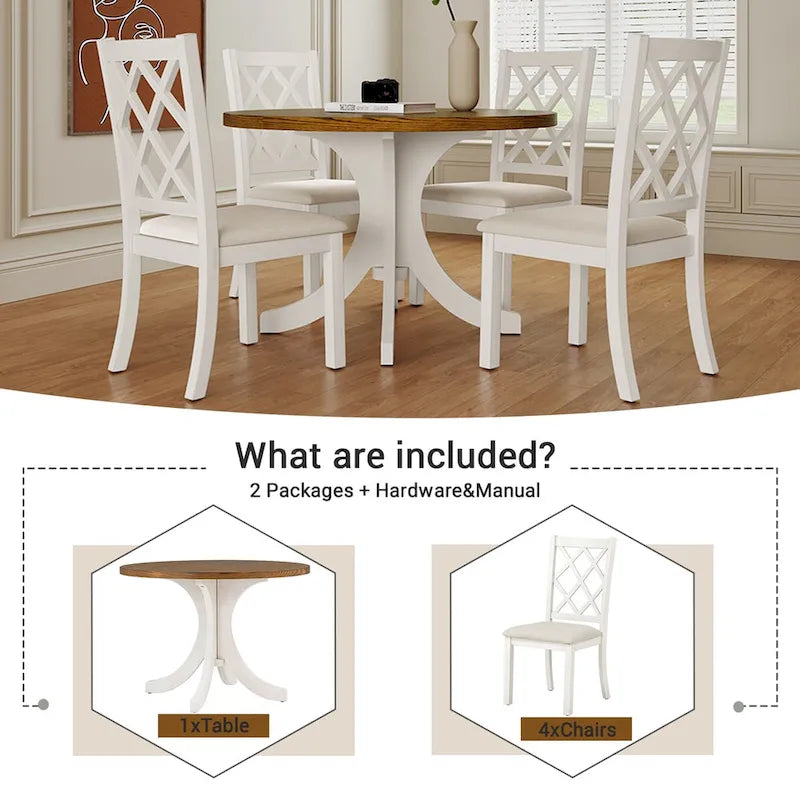 Ensemble de salle à manger rond 5 pièces en bois massif de style milieu du siècle, comprenant une table en noyer et des chaises beiges.