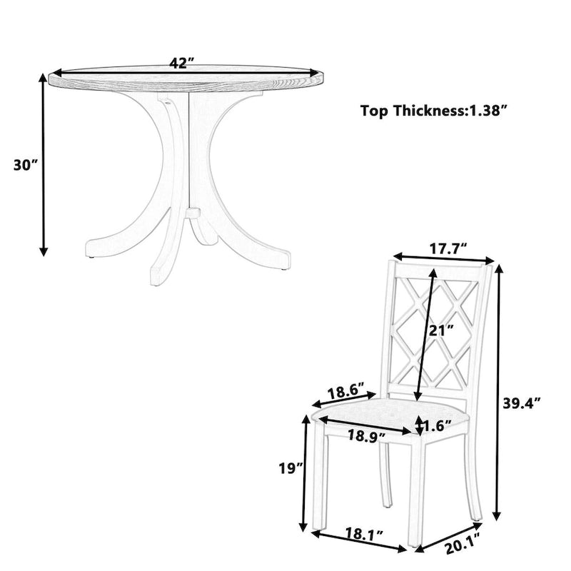 Ensemble de salle à manger rond 5 pièces en bois massif de style milieu du siècle, comprenant une table en noyer et des chaises beiges.