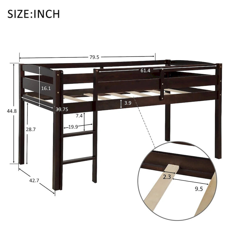 Lit mezzanine double en bois, lit mezzanine bas avec échelle