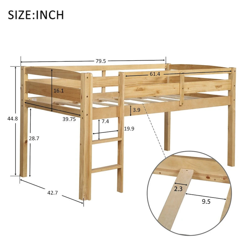Lit mezzanine double en bois, lit mezzanine bas avec échelle