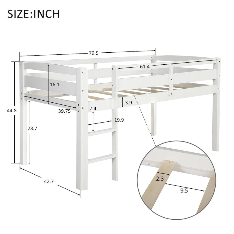 Lit mezzanine double en bois, lit mezzanine bas avec échelle