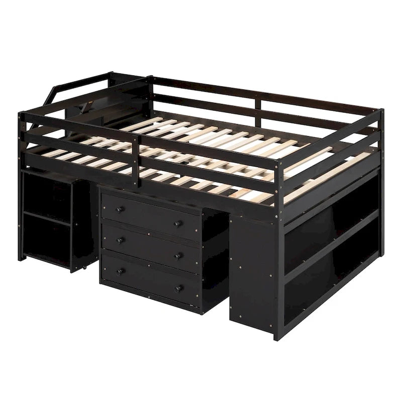 Lit mezzanine en bois massif (taille standard) avec bureau escamotable, escalier de rangement, tiroirs de rangement et étagères.