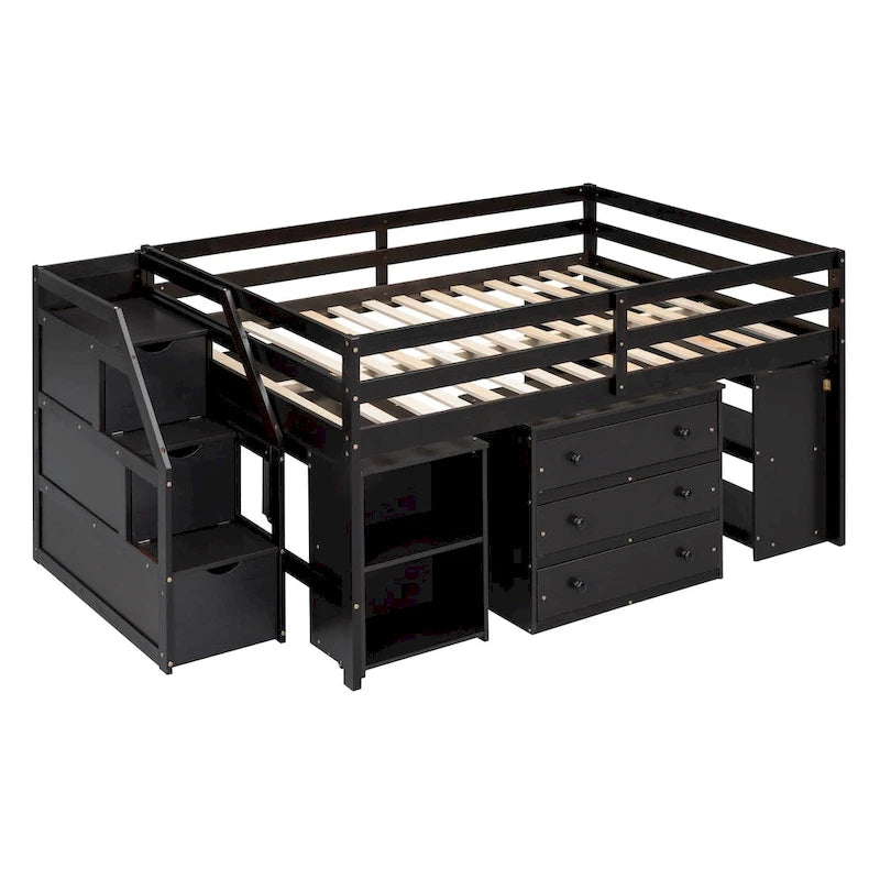Lit mezzanine en bois massif (taille standard) avec bureau escamotable, escalier de rangement, tiroirs de rangement et étagères.