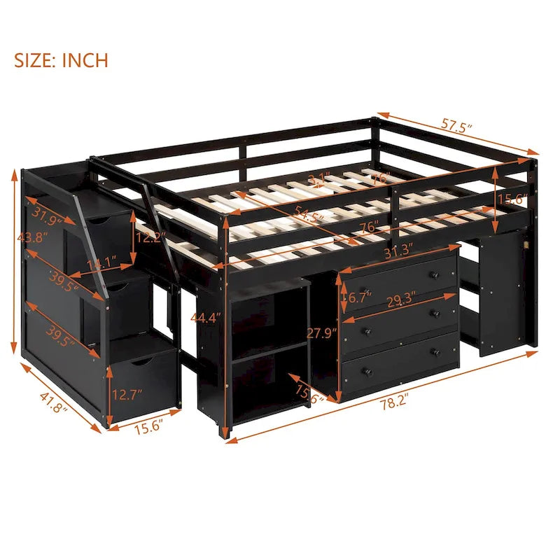 Lit mezzanine en bois massif (taille standard) avec bureau escamotable, escalier de rangement, tiroirs de rangement et étagères.