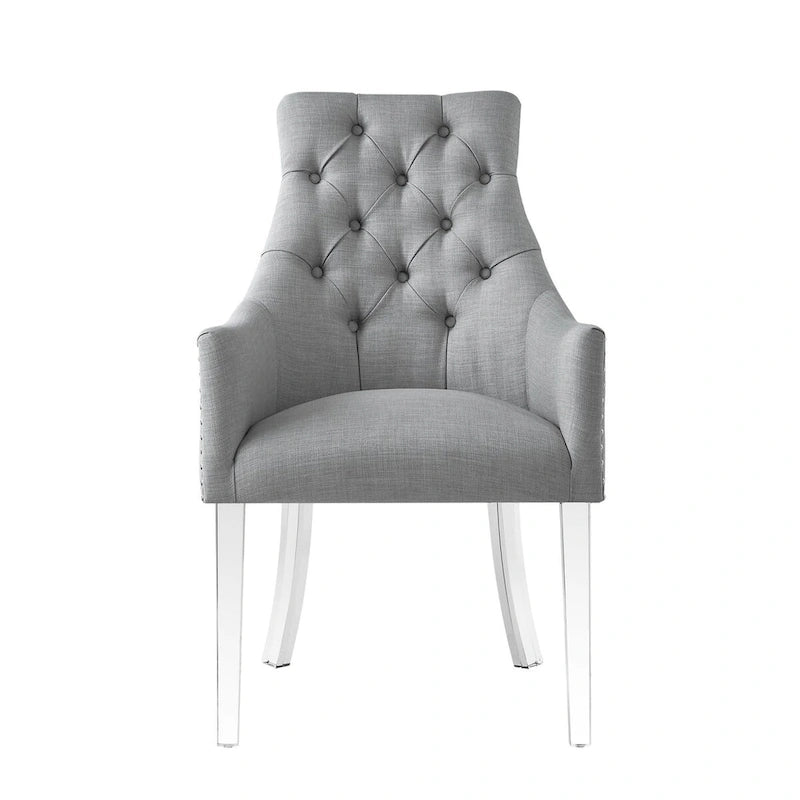 Ensemble de deux fauteuils de salle à manger HomeRoots capitonnés en lin gris clair et transparent