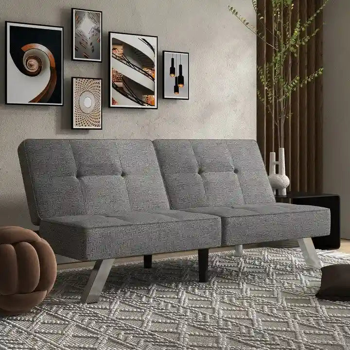 Canapé-lit futon pliable et convertible, revêtu de lin, moderne, idéal pour les petits espaces.