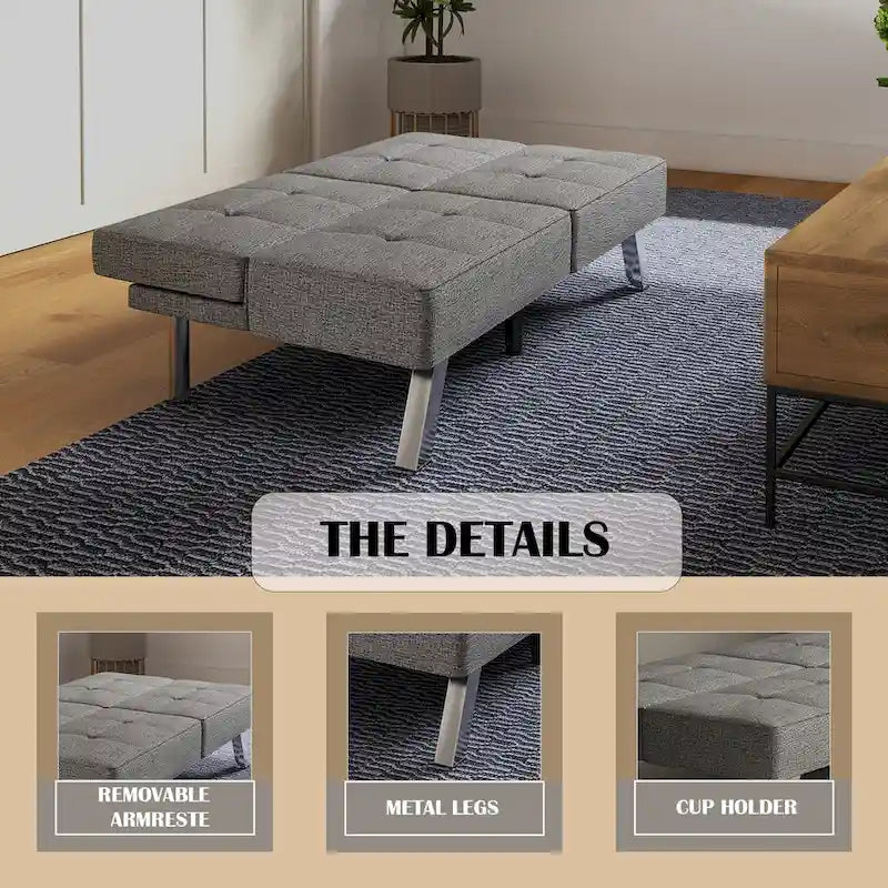Canapé-lit futon pliable et convertible, revêtu de lin, moderne, idéal pour les petits espaces.