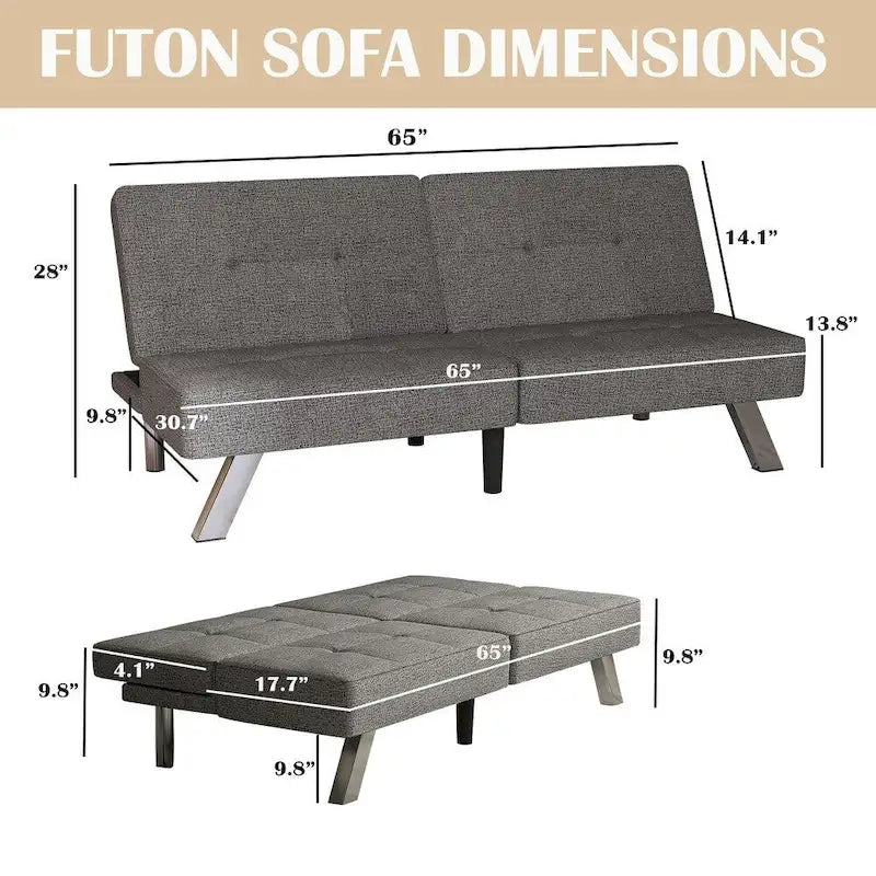 Canapé-lit futon pliable et convertible, revêtu de lin, moderne, idéal pour les petits espaces.