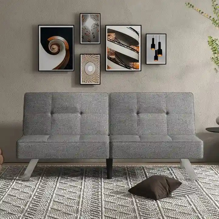 Canapé-lit futon pliable et convertible, revêtu de lin, moderne, idéal pour les petits espaces.