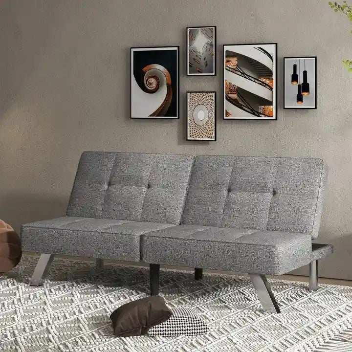 Canapé-lit futon pliable et convertible, revêtu de lin, moderne, idéal pour les petits espaces.