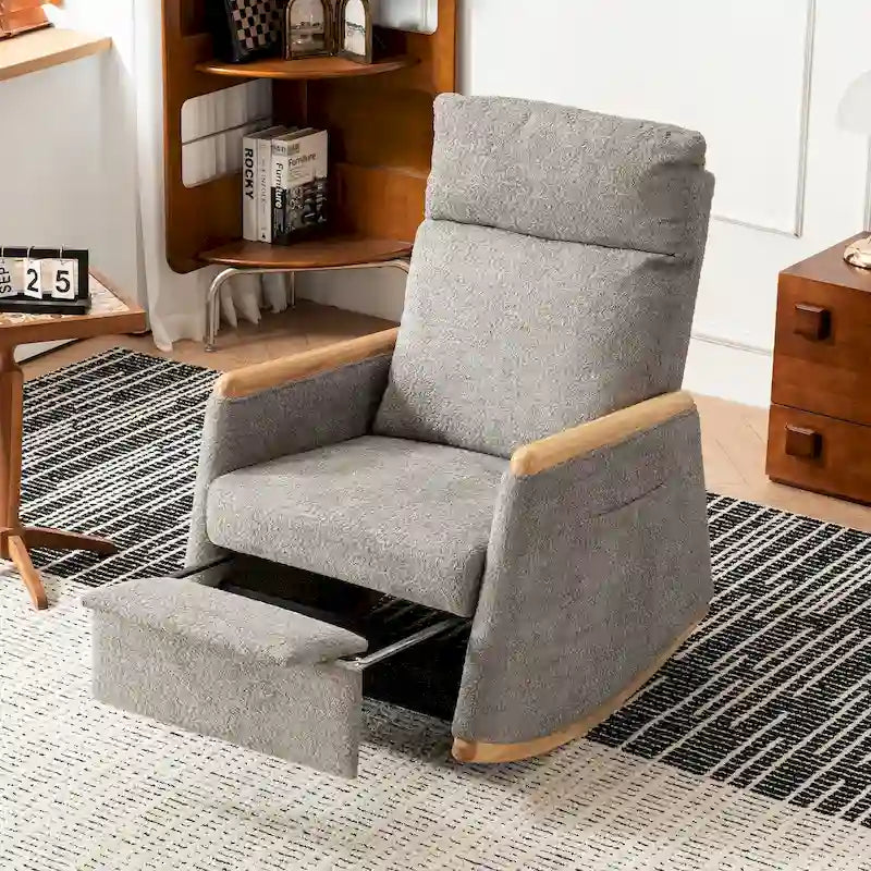 Fauteuil à bascule d'appoint avec repose-pieds, dossier haut, pieds en bois d'hévéa, pour chambre ou salon