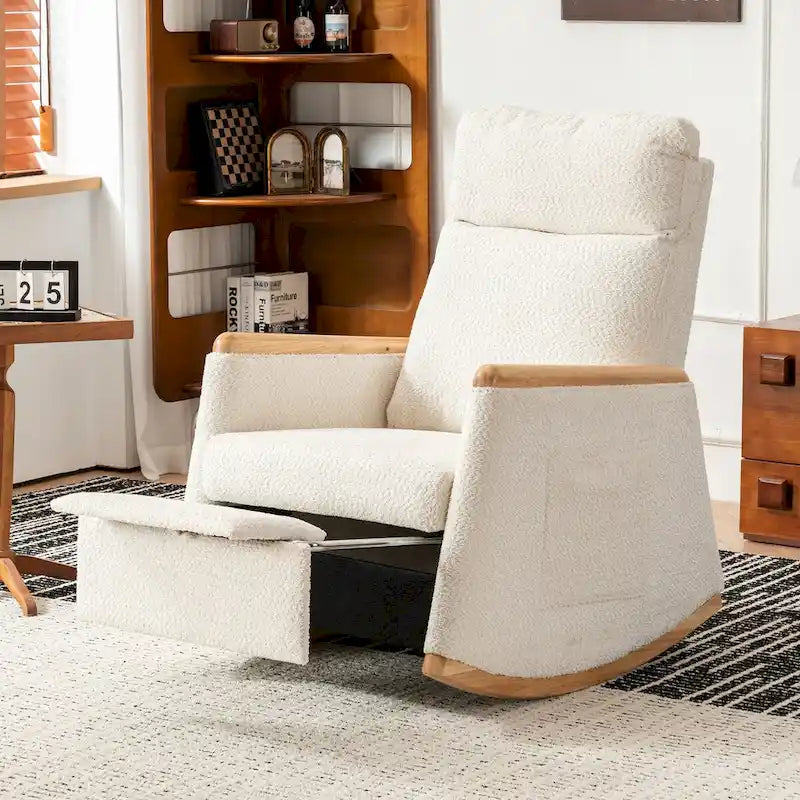 Fauteuil à bascule d'appoint avec repose-pieds, dossier haut, pieds en bois d'hévéa, pour chambre ou salon