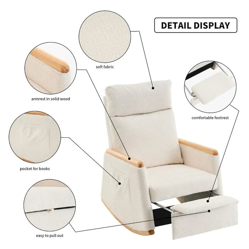 Fauteuil à bascule d'appoint avec repose-pieds, dossier haut, pieds en bois d'hévéa, pour chambre ou salon