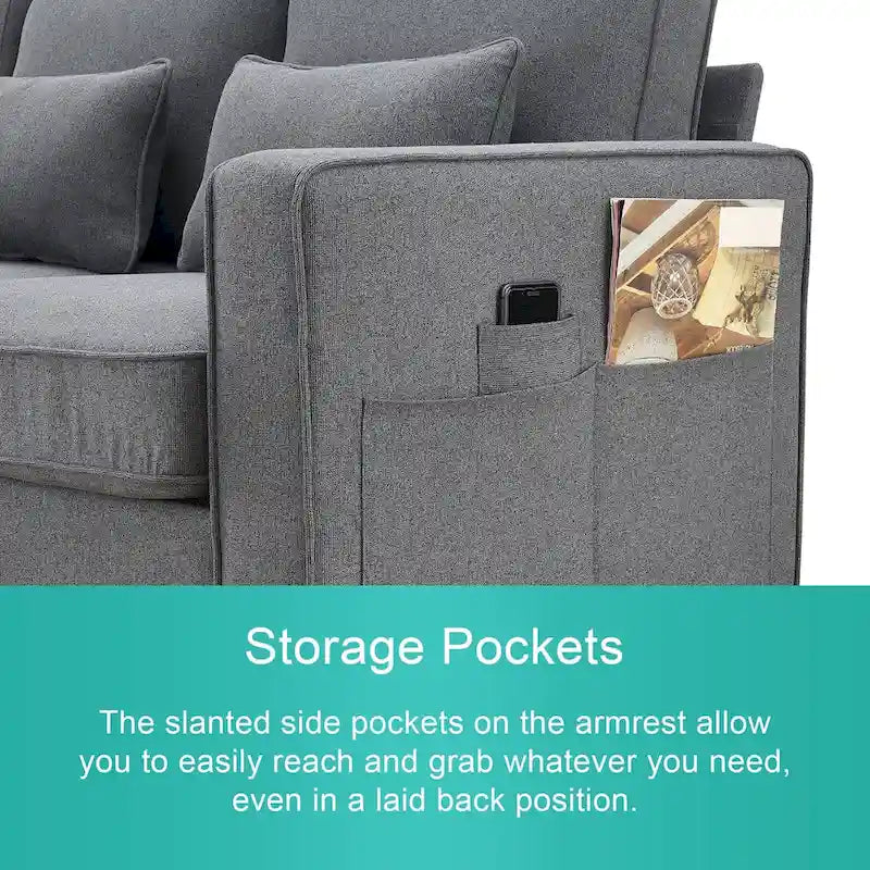 Canapé moderne 4 places en lin, 104 pouces, avec poches sur les accoudoirs et 4 coussins