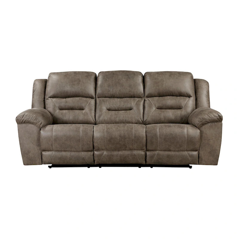 Canapé Henry 92 pouces à double fauteuil inclinable manuel, revêtement en microfibre marron, bois massif, métal