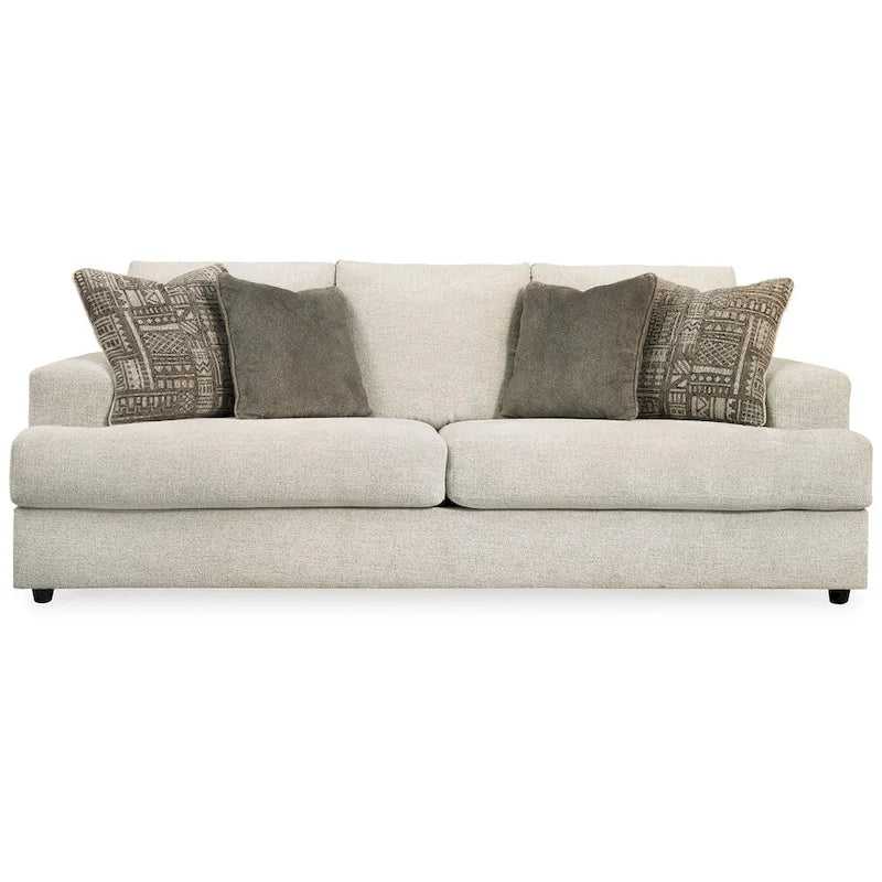 Canapé Tren de 244 cm avec 4 coussins jacquard, en polyester chenille beige doux