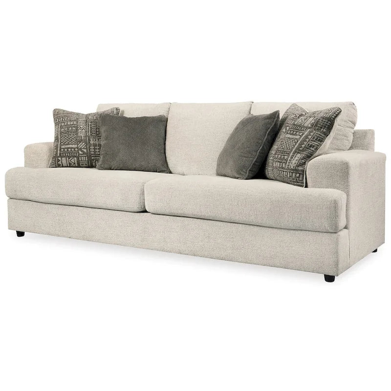 Canapé Tren de 244 cm avec 4 coussins jacquard, en polyester chenille beige doux