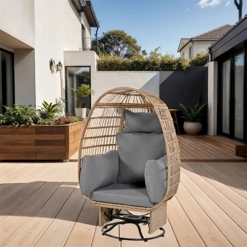 Fauteuil de jardin pivotant en rotin en forme d'œuf avec fonction bascule et coussins