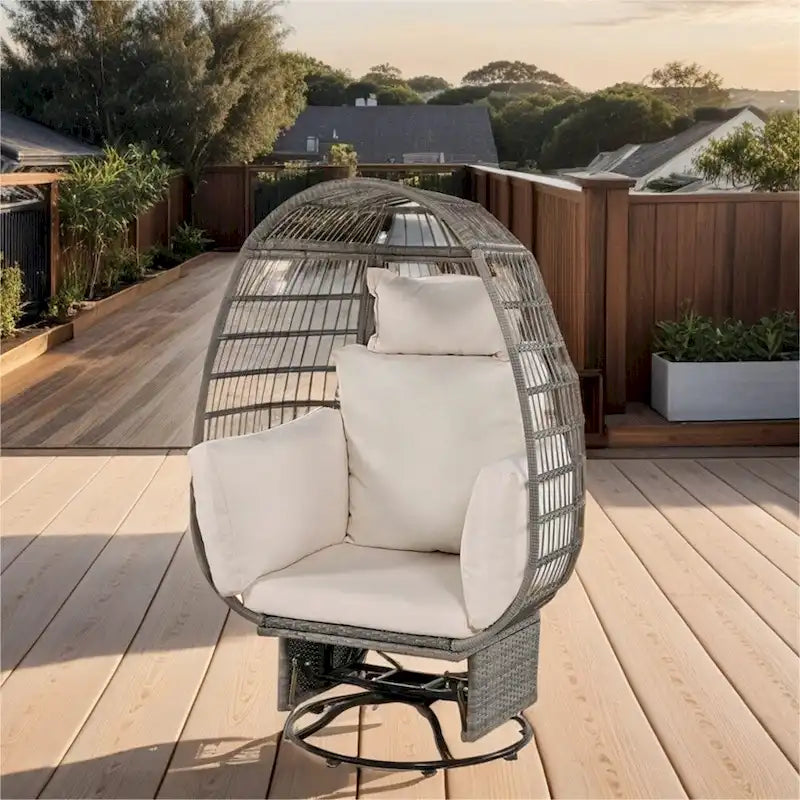 Fauteuil de jardin pivotant en rotin en forme d'œuf avec fonction bascule et coussins